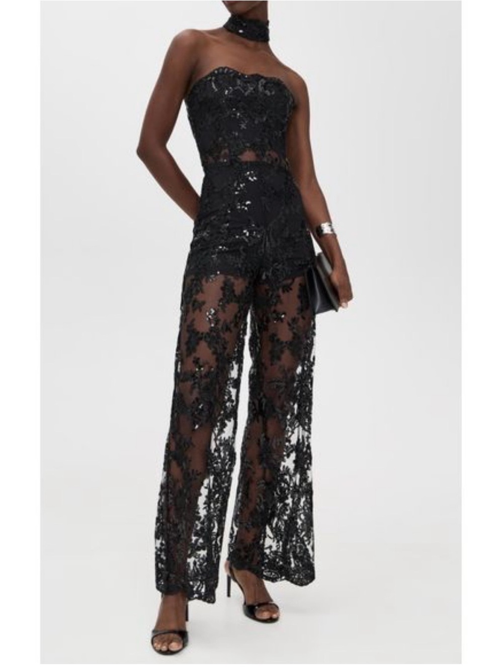 Alice + Olivia Strapless Black Lace Sequin Jumpsuit - Picture 1 of 8